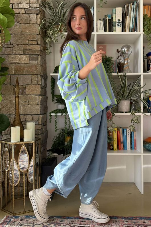 Scamp Lantern Sweatshirt Vertical Stripe Denim & Lime 